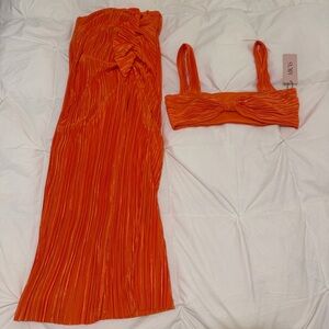 Orange Pleated Midi Skirt Set